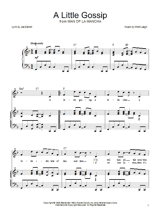 Learn to play Joe Darion A Little Gossip sheet music for Piano, Vocal & Guitar Chords (Right-Hand Melody) in minutes. Price: 7.8900$ Joe Darion A Little Gossip sheet music notes and chords arranged for Piano, Vocal & Guitar Chords (Right-Hand Melody)