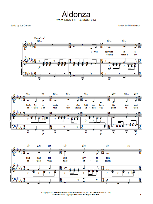 Learn to play Joe Darion Aldonza sheet music for Piano, Vocal & Guitar Chords (Right-Hand Melody) in minutes. Price: 7.8900$ Joe Darion Aldonza sheet music notes and chords arranged for Piano, Vocal & Guitar Chords (Right-Hand Melody)