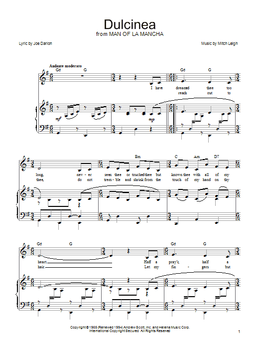 Learn to play Joe Darion Dulcinea sheet music for Piano, Vocal & Guitar Chords (Right-Hand Melody) in minutes. Price: 7.8900$ Joe Darion Dulcinea sheet music notes and chords arranged for Piano, Vocal & Guitar Chords (Right-Hand Melody)