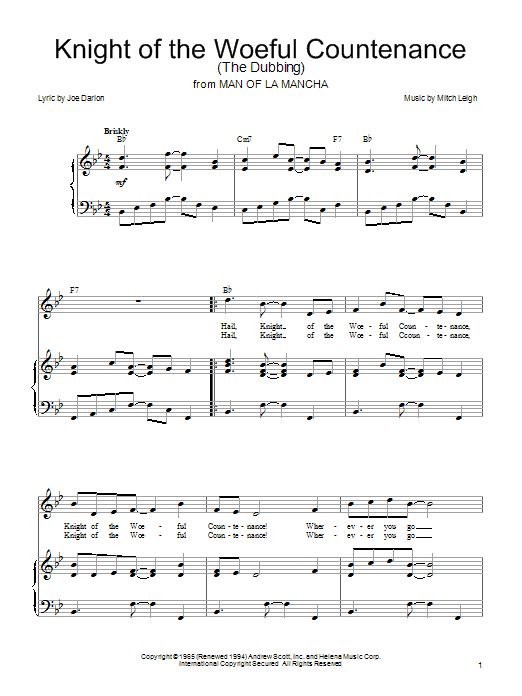 Learn to play Joe Darion Knight Of The Woeful Countenance (The Dubbing) sheet music for Piano, Vocal & Guitar Chords (Right-Hand Melody) in minutes. Price: 7.8900$ Joe Darion Knight Of The Woeful Countenance (The Dubbing) sheet music notes and chords arranged for Piano, Vocal & Guitar Chords (Right-Hand Melody)