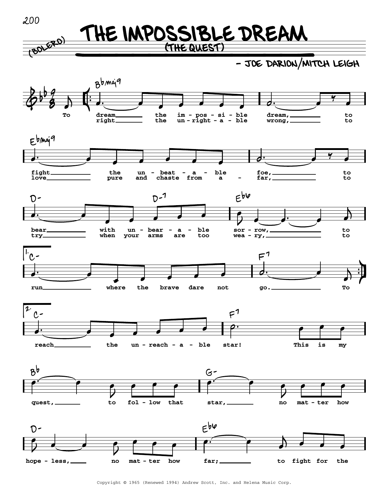 Joe Darion The Impossible Dream (The Quest) (High Voice) sheet music notes and chords. Download Printable PDF.