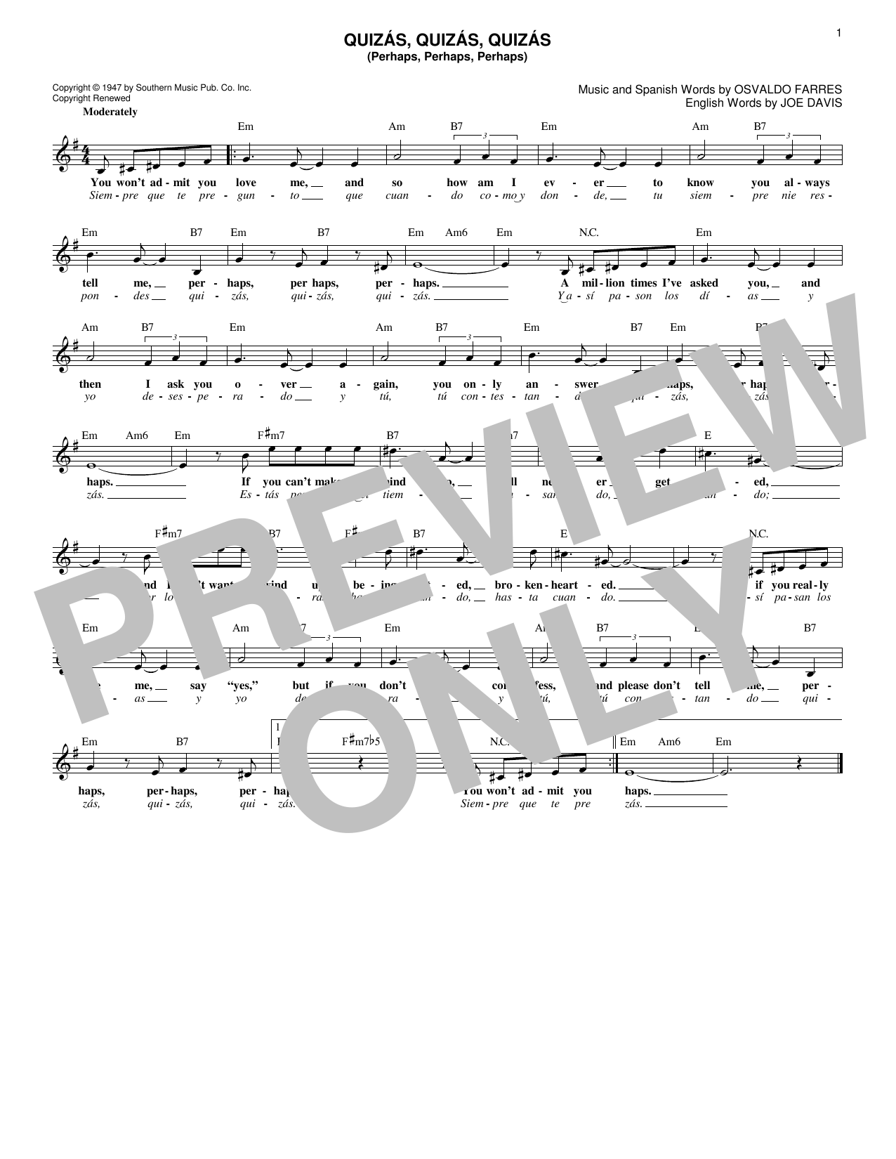 Joe Davis Quizas, Quizas, Quizas (Perhaps, Perhaps, Perhaps) sheet music notes and chords. Download Printable PDF.