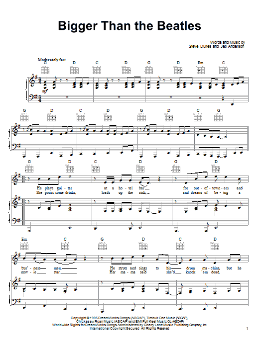 Learn to play Joe Diffie Bigger Than The Beatles sheet music for Piano, Vocal & Guitar Chords (Right-Hand Melody) in minutes. Price: 7.8900$ Joe Diffie Bigger Than The Beatles sheet music notes and chords arranged for Piano, Vocal & Guitar Chords (Right-Hand Melody)