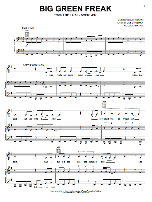 Learn to play Joe DiPietro Big Green Freak sheet music for Piano, Vocal & Guitar Chords (Right-Hand Melody) in minutes. Price: 7.8900$ Joe DiPietro Big Green Freak sheet music notes and chords arranged for Piano, Vocal & Guitar Chords (Right-Hand Melody)