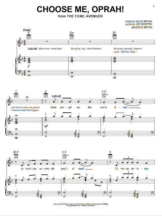 Learn to play Joe DiPietro Choose Me, Oprah! sheet music for Piano, Vocal & Guitar Chords (Right-Hand Melody) in minutes. Price: 7.8900$ Joe DiPietro Choose Me, Oprah! sheet music notes and chords arranged for Piano, Vocal & Guitar Chords (Right-Hand Melody)