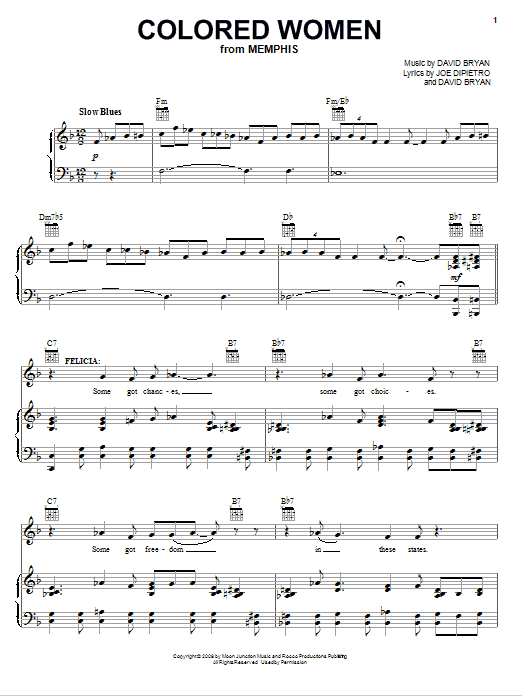 Learn to play Joe DiPietro Colored Women sheet music for Piano, Vocal & Guitar Chords (Right-Hand Melody) in minutes. Price: 7.8900$ Joe DiPietro Colored Women sheet music notes and chords arranged for Piano, Vocal & Guitar Chords (Right-Hand Melody)