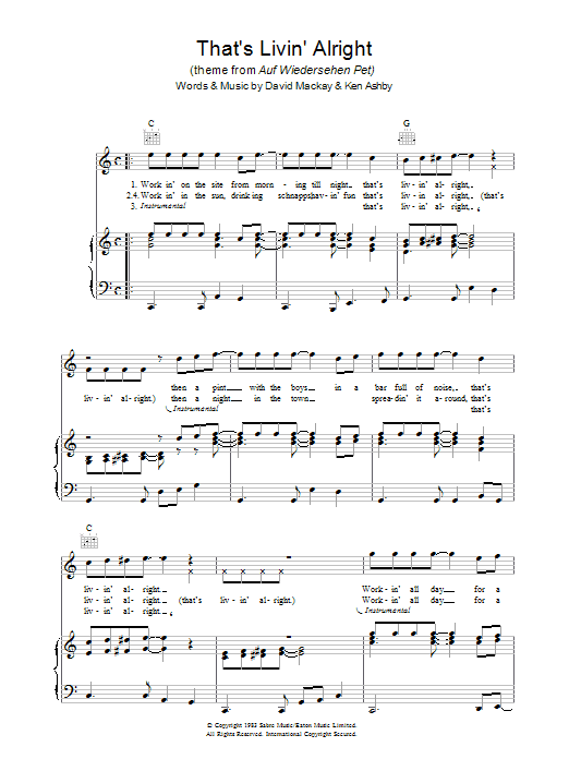 Learn to play Joe Fagin That's Livin' Alright (theme from Auf Wiedersehen Pet) sheet music for Piano, Vocal & Guitar Chords in minutes. Price: 7.8900$ Joe Fagin That's Livin' Alright (theme from Auf Wiedersehen Pet) sheet music notes and chords arranged for Piano, Vocal & Guitar Chords