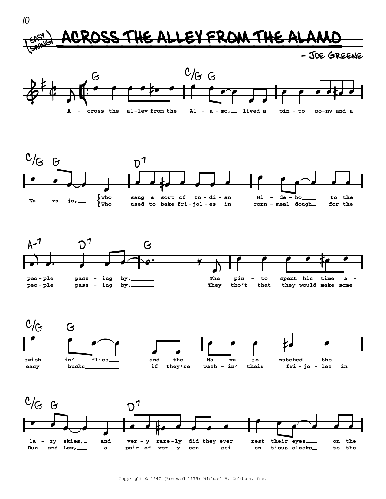 Learn to play Joe Greene Across The Alley From The Alamo (High Voice) sheet music for Real Book – Melody, Lyrics & Chords in minutes. Price: 5.9900$ Joe Greene Across The Alley From The Alamo (High Voice) sheet music notes and chords arranged for Real Book – Melody, Lyrics & Chords