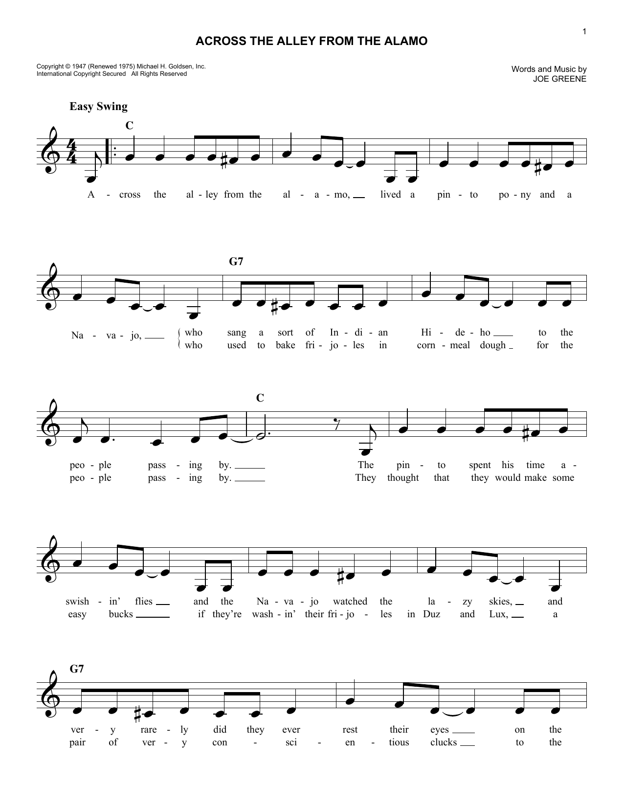 Learn to play Joe Greene Across The Alley From The Alamo sheet music for Real Book – Melody & Chords in minutes. Price: 5.9900$ Joe Greene Across The Alley From The Alamo sheet music notes and chords arranged for Real Book – Melody & Chords