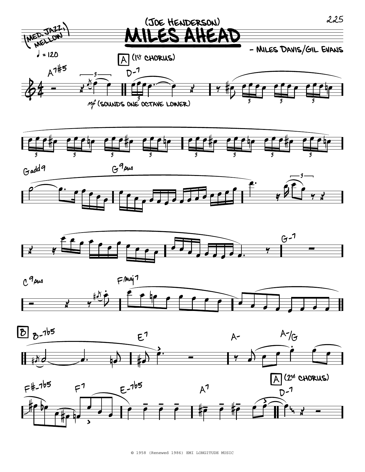 Joe Henderson Miles Ahead (solo only) sheet music notes and chords. Download Printable PDF.