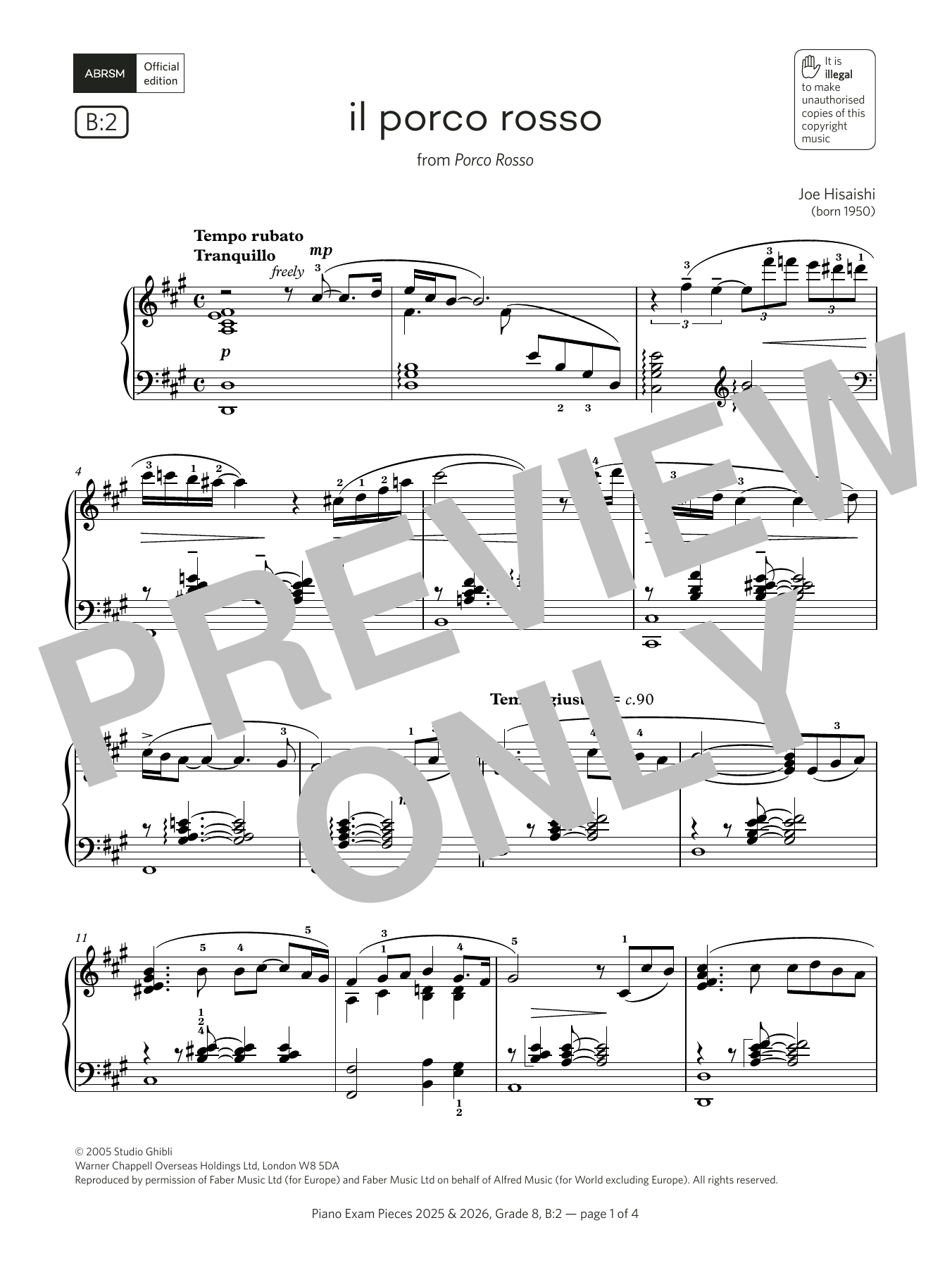 Joe Hisaishi il porco rosso (Grade 8, list B2, from the ABRSM Piano Syllabus 2025 & 2026) sheet music notes and chords. Download Printable PDF.