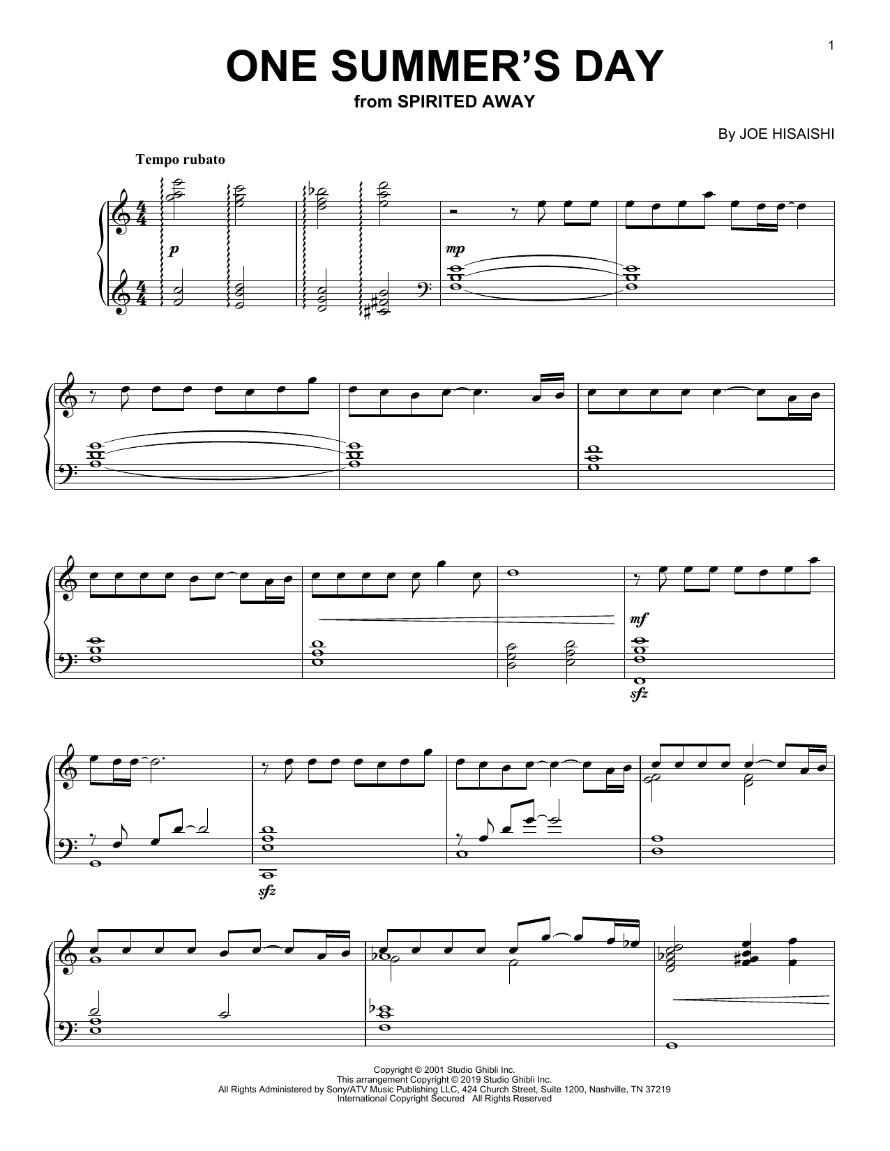 Joe Hisaishi One Summer's Day (from Spirited Away) sheet music notes and chords. Download Printable PDF.