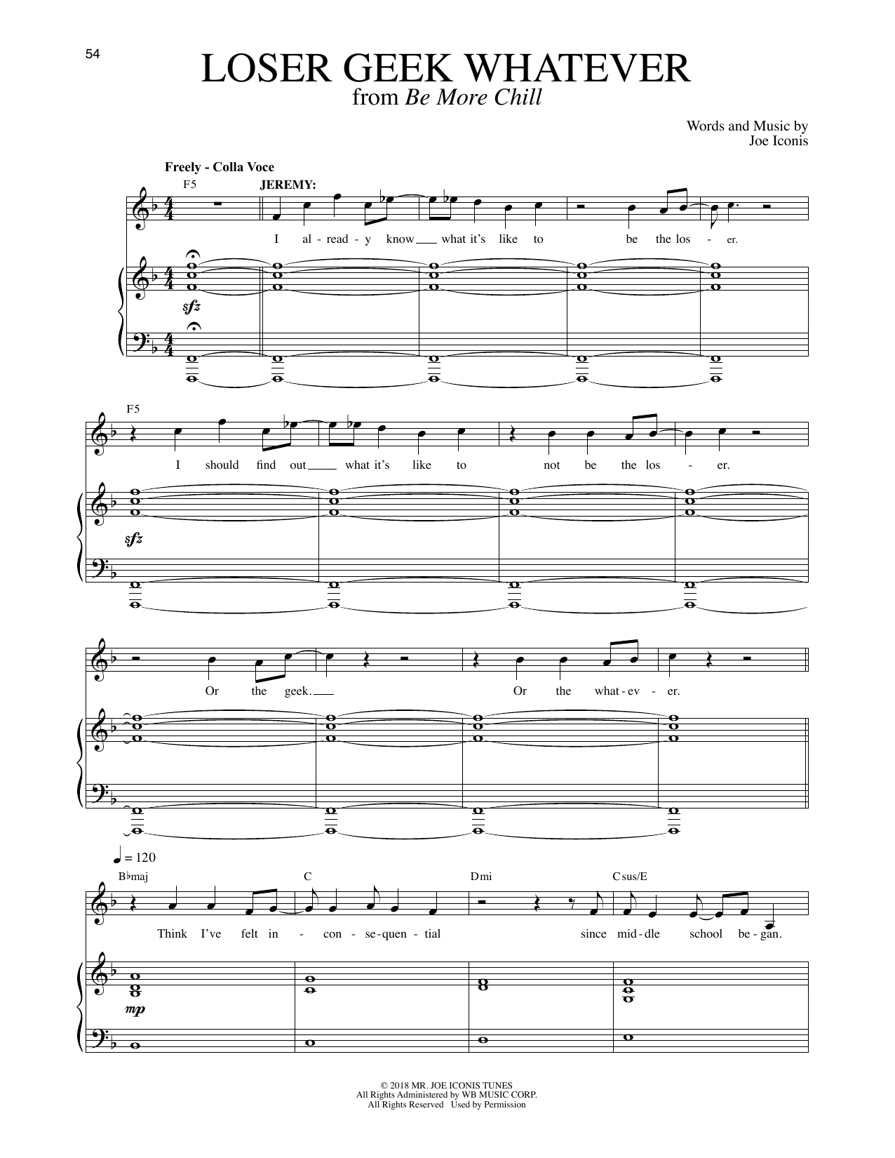 Joe Iconis Loser Geek Whatever (from Be More Chill) sheet music notes and chords. Download Printable PDF.