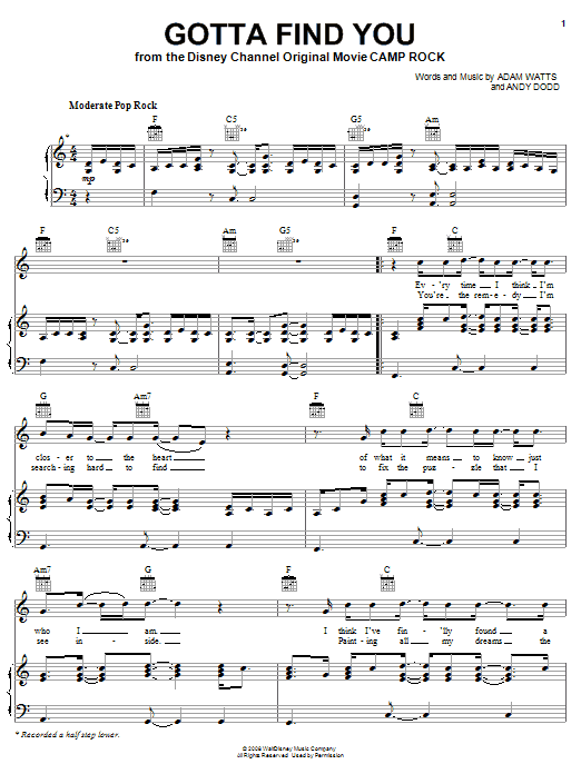 Learn to play Joe Jonas Gotta Find You (from Camp Rock) sheet music for Piano, Vocal & Guitar Chords (Right-Hand Melody) in minutes. Price: 7.8900$ Joe Jonas Gotta Find You (from Camp Rock) sheet music notes and chords arranged for Piano, Vocal & Guitar Chords (Right-Hand Melody)