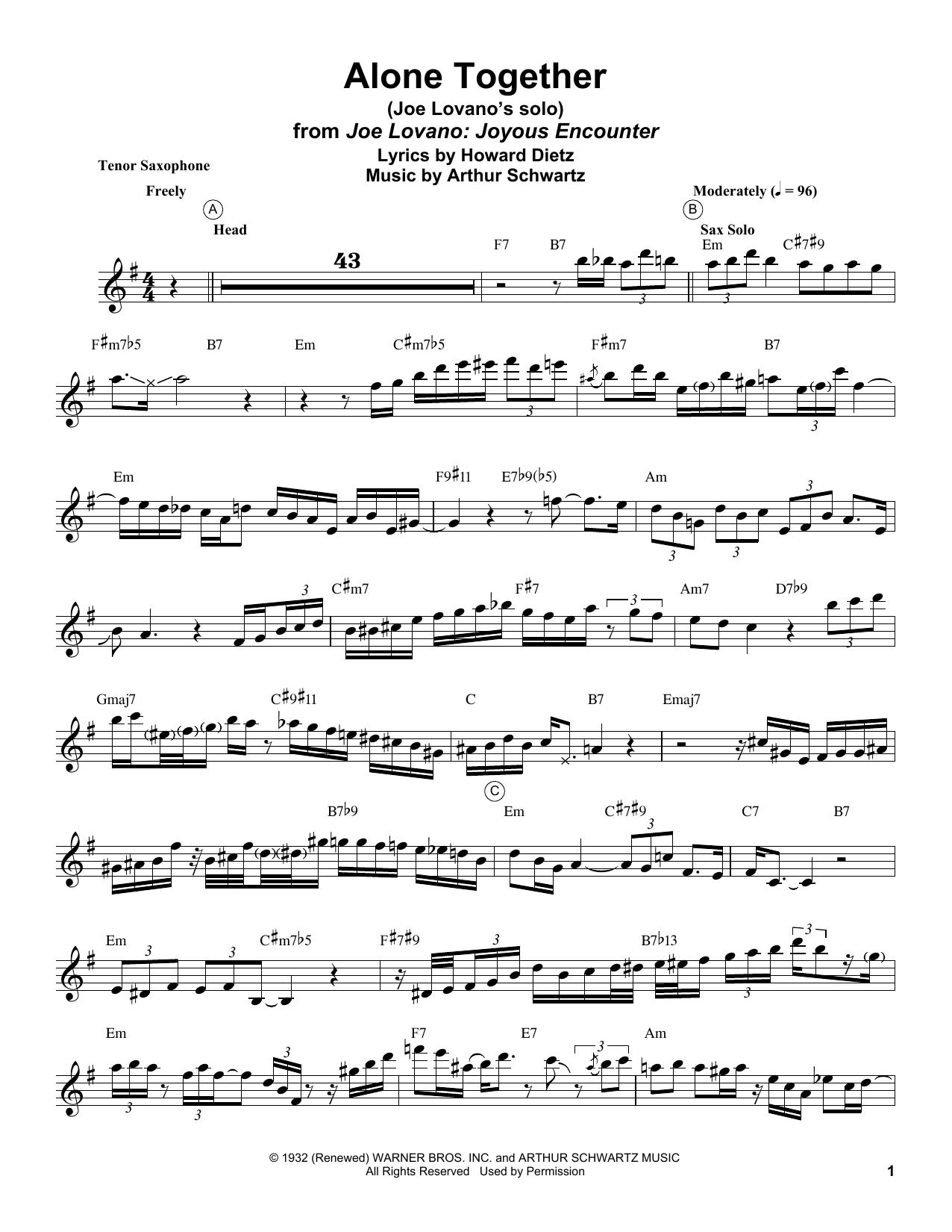 Learn to play Joe Lovano Alone Together sheet music for Tenor Sax Transcription in minutes. Price: 6.9900$ Joe Lovano Alone Together sheet music notes and chords arranged for Tenor Sax Transcription