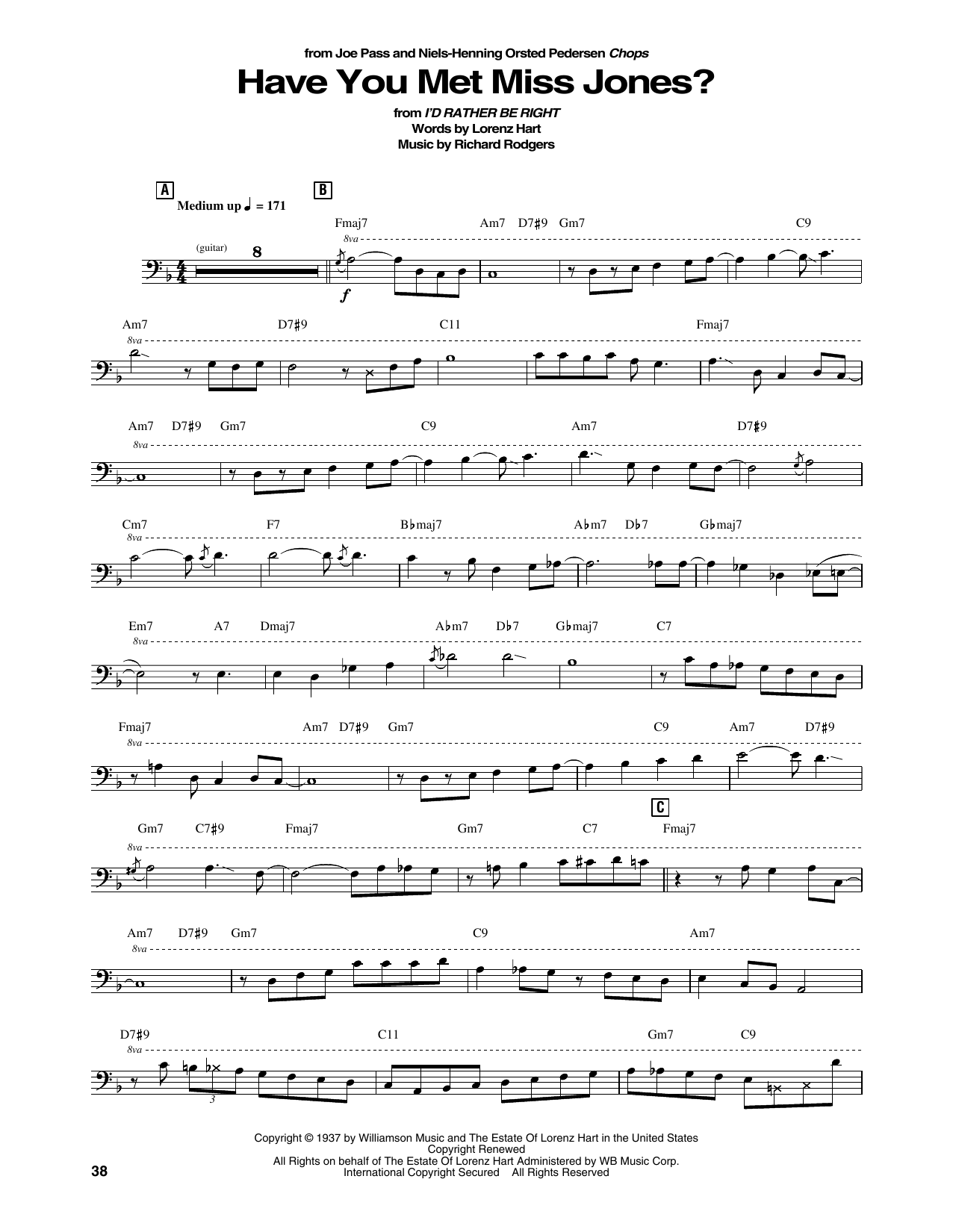 Learn to play Joe Pass and Niels-Henning Orsted Pedersen Have You Met Miss Jones? sheet music for String Bass Transcription in minutes. Price: 5.9900$ Joe Pass and Niels-Henning Orsted Pedersen Have You Met Miss Jones? sheet music notes and chords arranged for String Bass Transcription