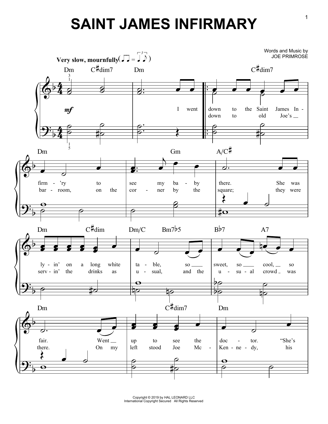 Joe Primrose Saint James Infirmary sheet music notes and chords. Download Printable PDF.