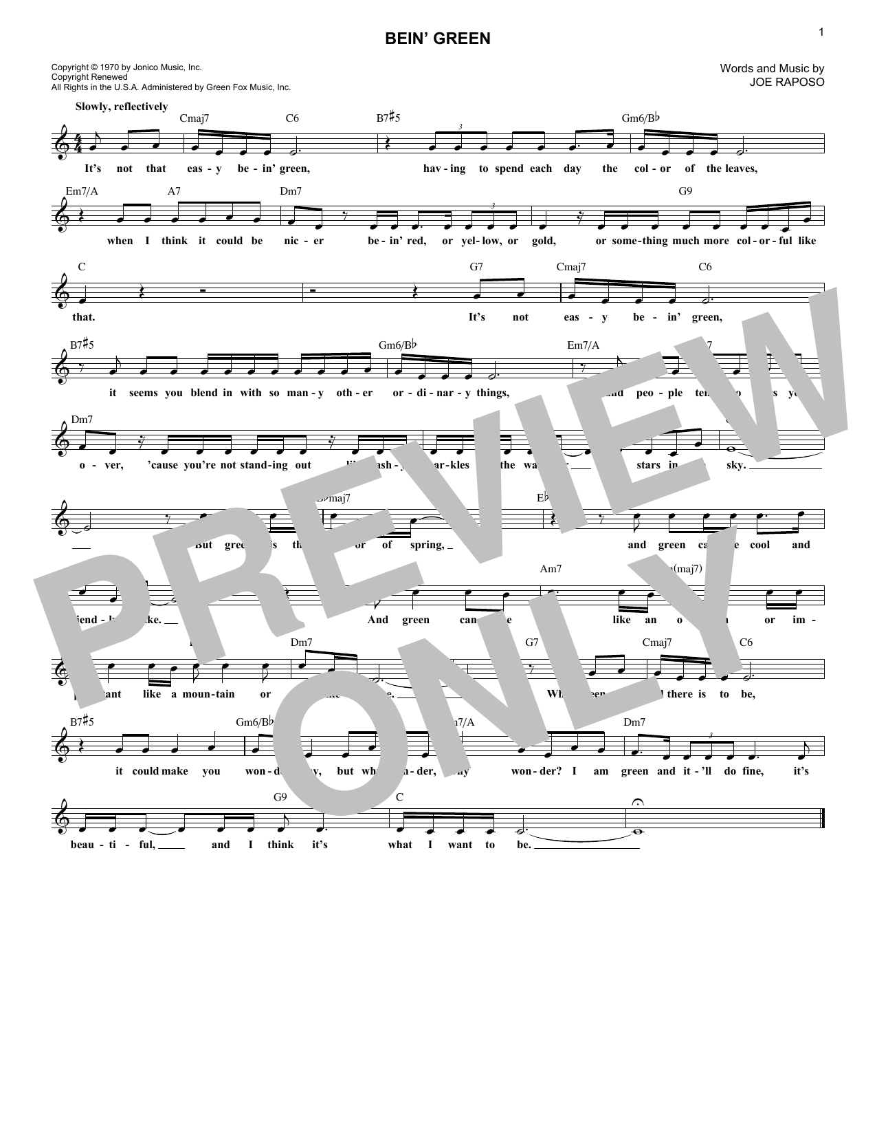 Learn to play Joe Raposo Bein' Green sheet music for Lead Sheet / Fake Book in minutes. Price: 5.9900$ Joe Raposo Bein' Green sheet music notes and chords arranged for Lead Sheet / Fake Book