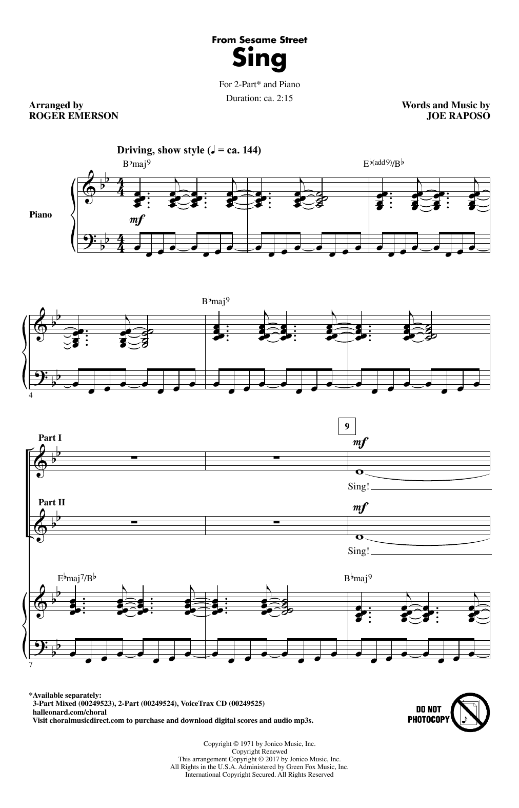 Joe Raposo Sing (from Sesame Street) (arr. Roger Emerson) sheet music notes and chords. Download Printable PDF.