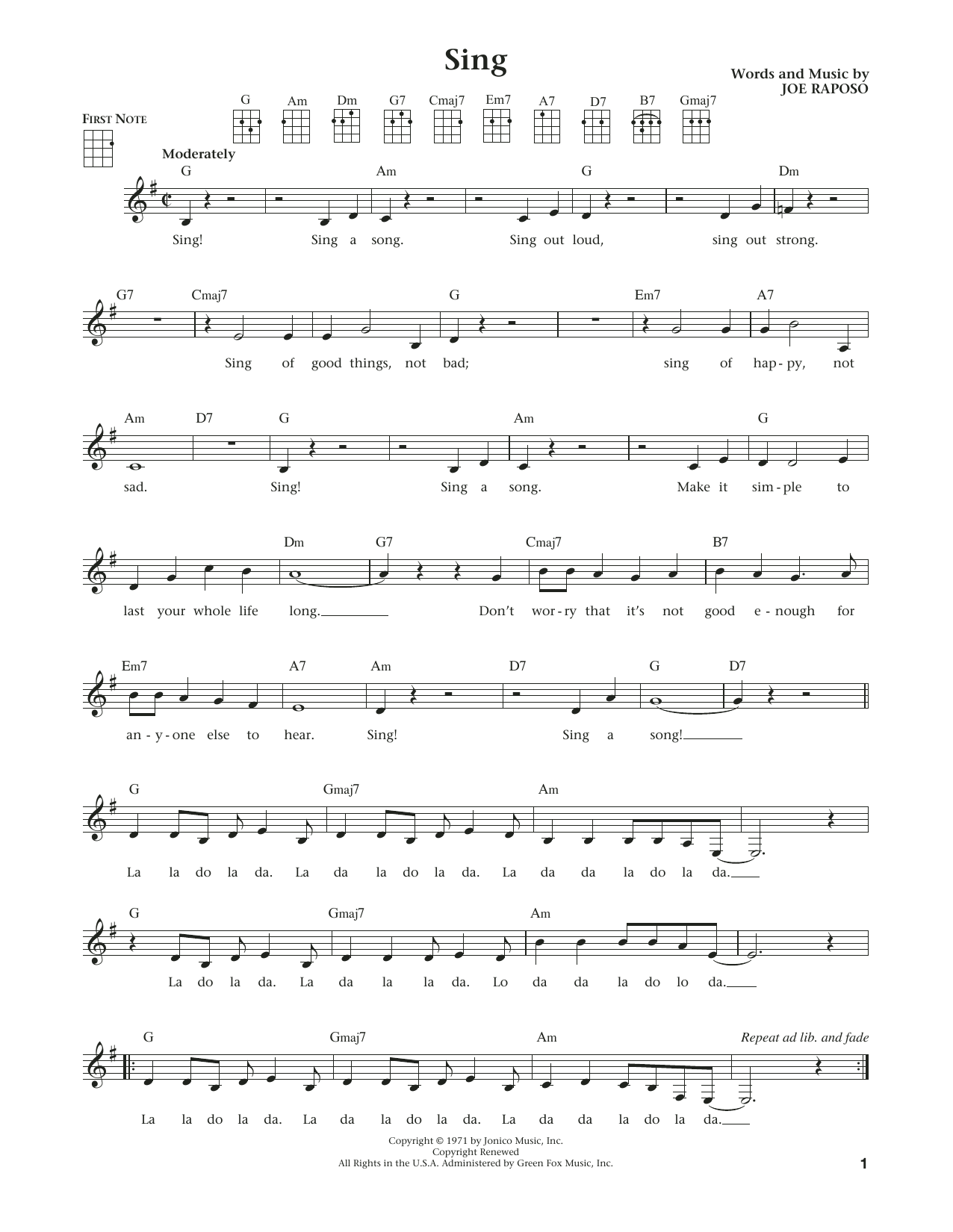 Learn to play Joe Raposo Sing (from The Daily Ukulele) (arr. Liz and Jim Beloff) sheet music for Ukulele in minutes. Price: 5.9900$ Joe Raposo Sing (from The Daily Ukulele) (arr. Liz and Jim Beloff) sheet music notes and chords arranged for Ukulele