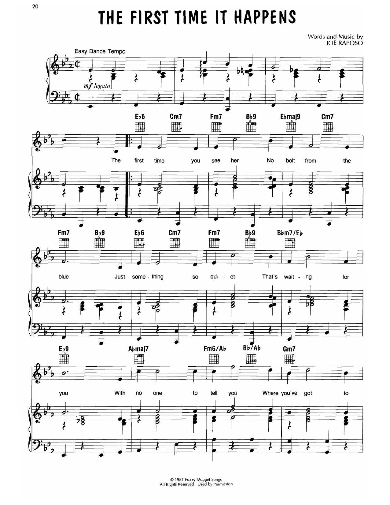 Learn to play Joe Raposo The First Time It Happens (from The Great Muppet Caper) sheet music for Easy Piano in minutes. Price: 6.9900$ Joe Raposo The First Time It Happens (from The Great Muppet Caper) sheet music notes and chords arranged for Easy Piano