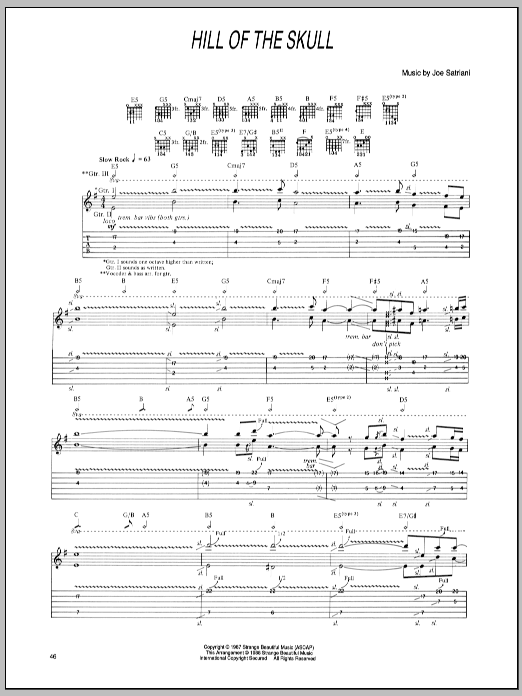 Learn to play Joe Satriani Hill Of The Skull sheet music for Guitar Tab in minutes. Price: 7.8900$ Joe Satriani Hill Of The Skull sheet music notes and chords arranged for Guitar Tab