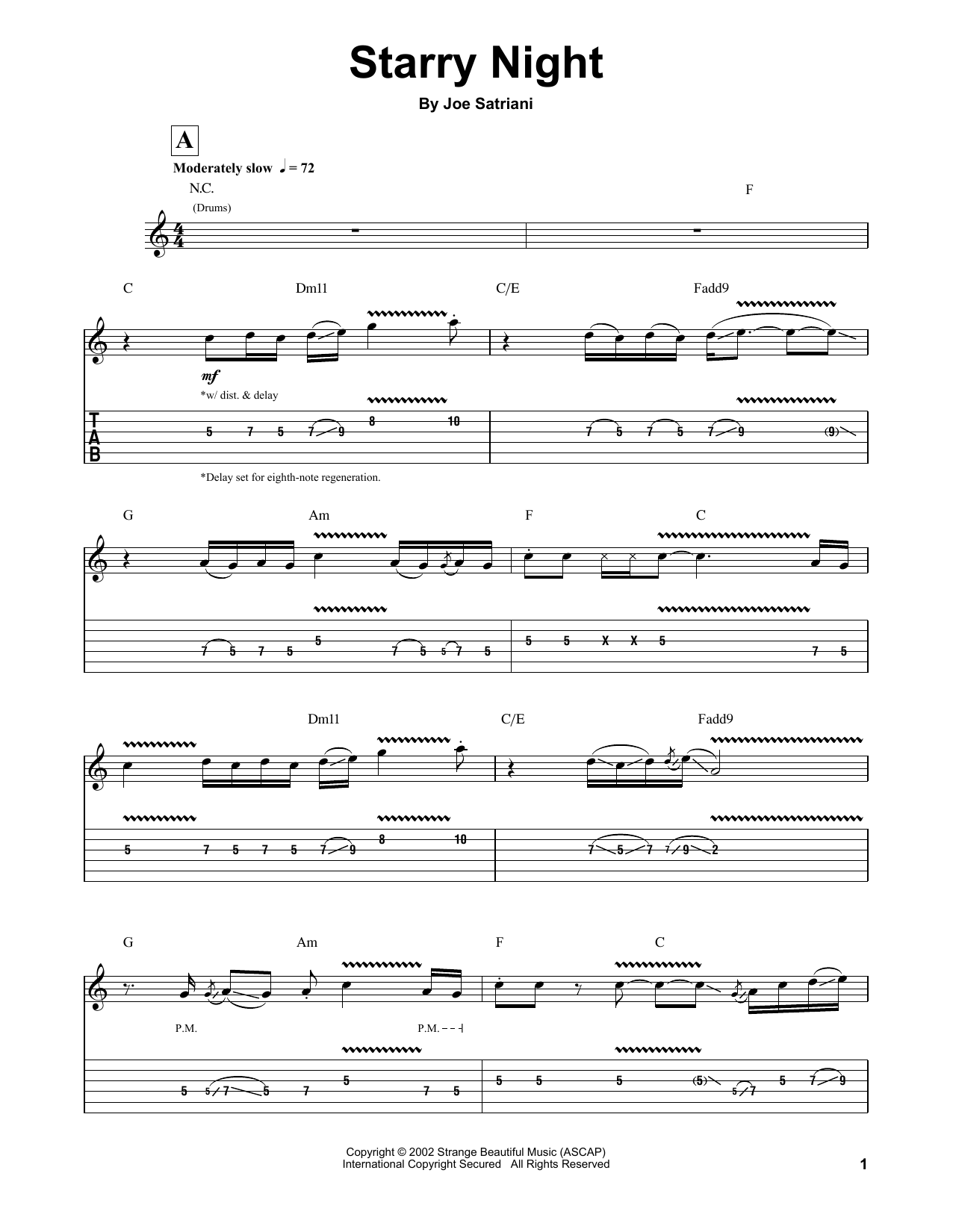 Joe Satriani Starry Night sheet music notes and chords. Download Printable PDF.