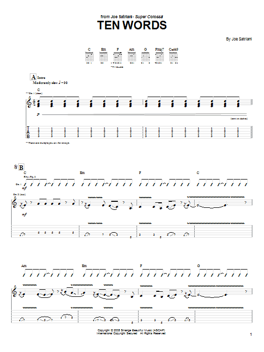 Joe Satriani Ten Words sheet music notes and chords arranged for Guitar Tab