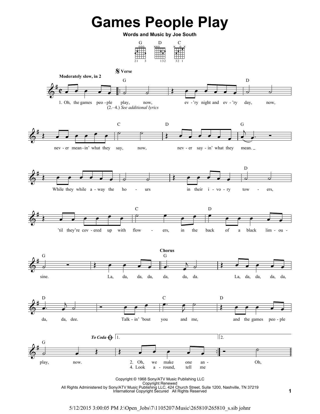 Joe South Games People Play sheet music notes and chords. Download Printable PDF.