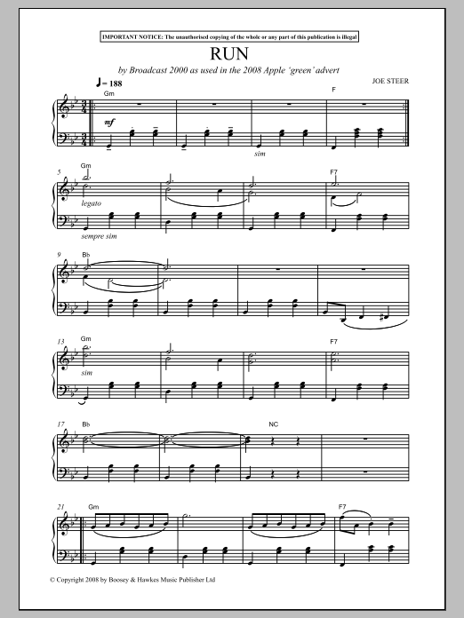 Learn to play Joe Steer Run (By Broadcast 2000 As Used In The 2008 Apple 'Green' Advert) sheet music for Piano Solo in minutes. Price: 7.8900$ Joe Steer Run (By Broadcast 2000 As Used In The 2008 Apple 'Green' Advert) sheet music notes and chords arranged for Piano Solo