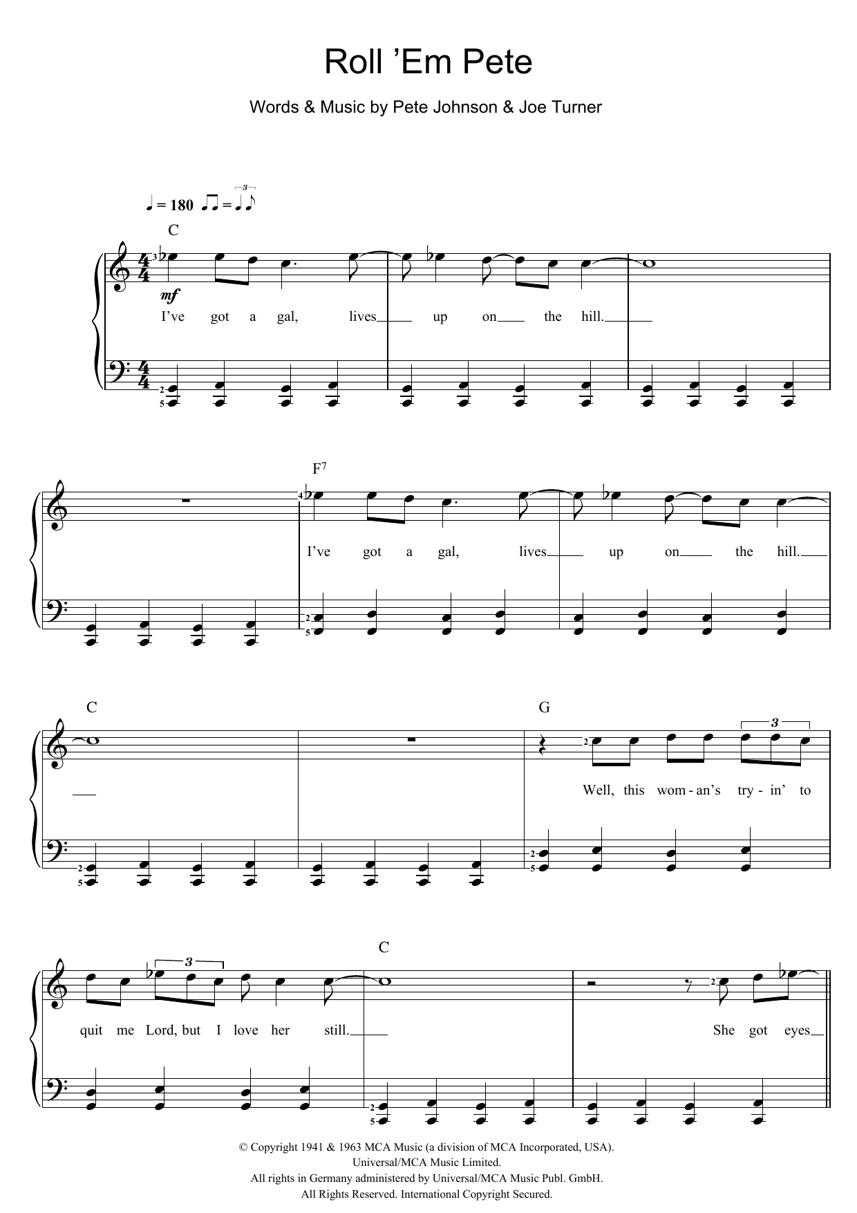 Learn to play Joe Turner Roll 'Em Pete sheet music for Piano & Vocal in minutes. Price: 7.8900$ Joe Turner Roll 'Em Pete sheet music notes and chords arranged for Piano & Vocal