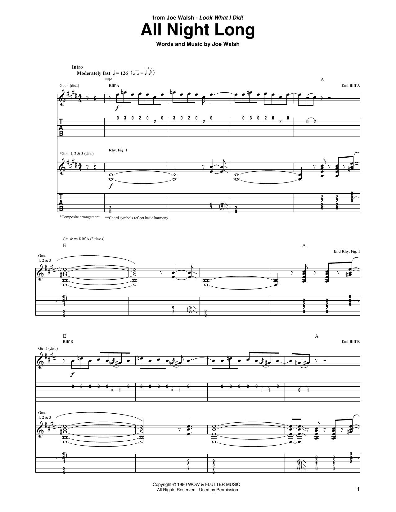 Joe Walsh All Night Long sheet music notes and chords. Download Printable PDF.