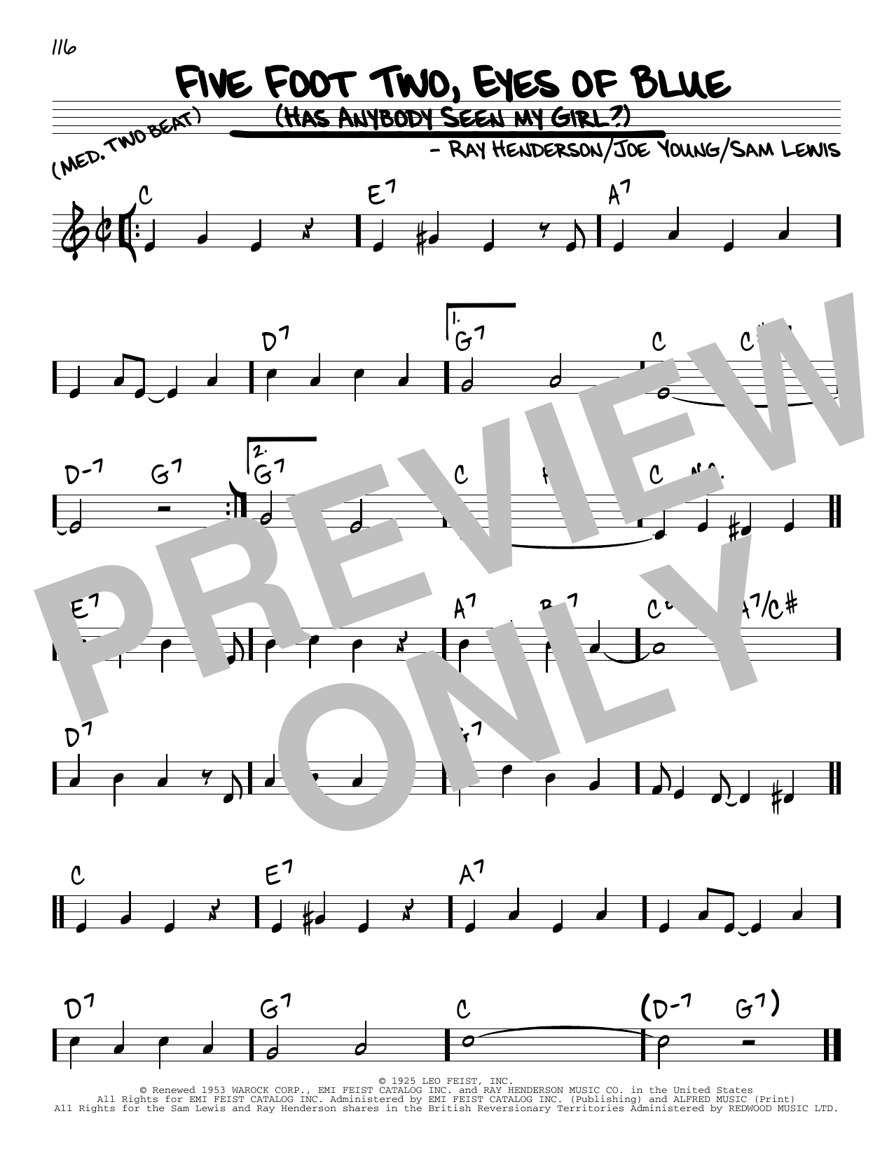 Learn to play Joe Young Five Foot Two, Eyes Of Blue (Has Anybody Seen My Girl?) sheet music for Real Book – Melody & Chords in minutes. Price: 5.9900$ Joe Young Five Foot Two, Eyes Of Blue (Has Anybody Seen My Girl?) sheet music notes and chords arranged for Real Book – Melody & Chords