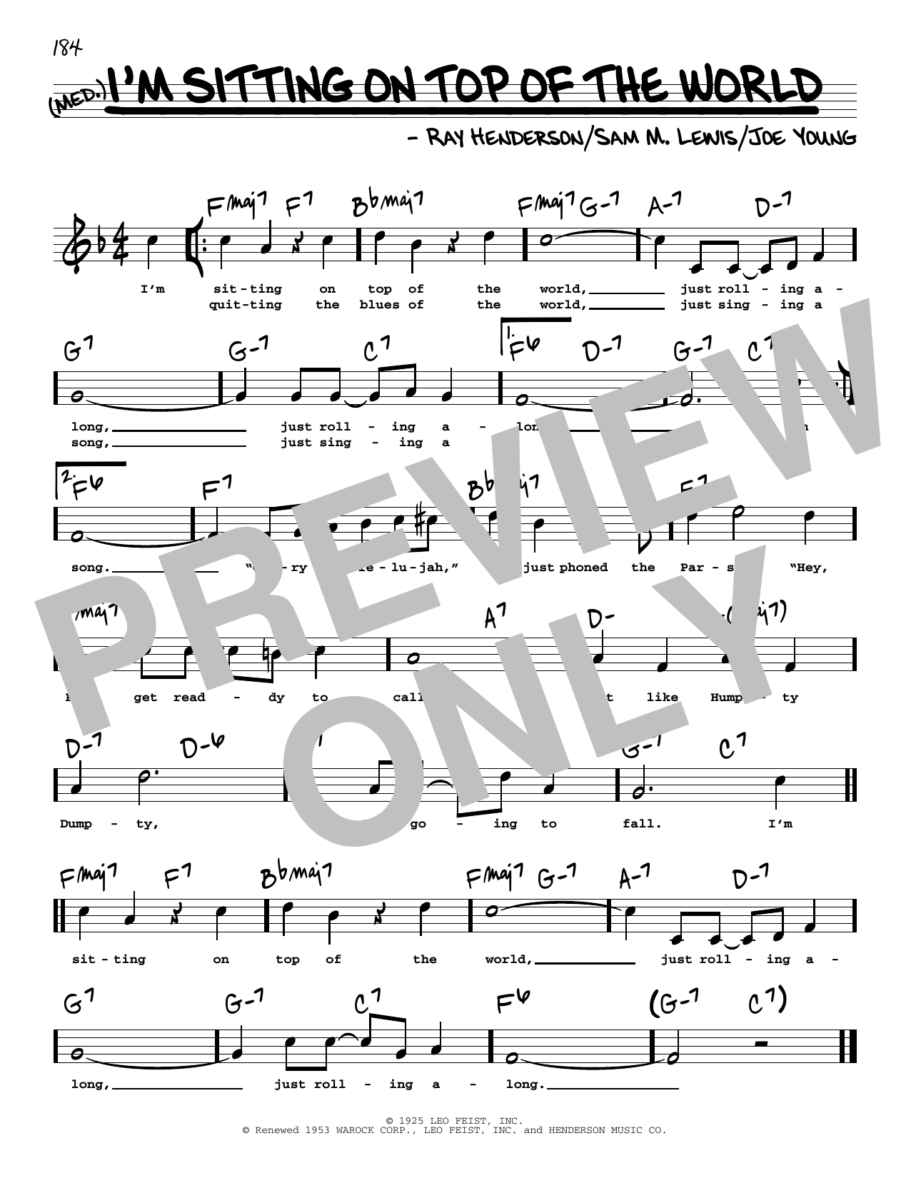 Learn to play Joe Young I'm Sitting On Top Of The World (High Voice) (from The Jolson Story) sheet music for Real Book – Melody, Lyrics & Chords in minutes. Price: 5.9900$ Joe Young I'm Sitting On Top Of The World (High Voice) (from The Jolson Story) sheet music notes and chords arranged for Real Book – Melody, Lyrics & Chords