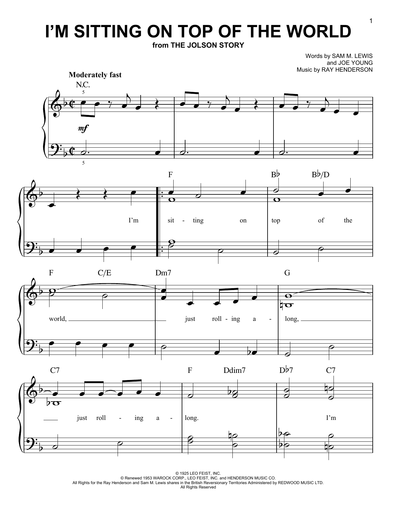 Learn to play Joe Young I'm Sitting On Top Of The World sheet music for Easy Piano in minutes. Price: 6.9900$ Joe Young I'm Sitting On Top Of The World sheet music notes and chords arranged for Easy Piano