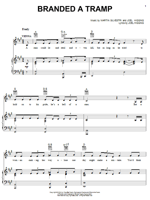 Joel Higgins Branded A Tramp (from Johnny Guitar) sheet music notes and chords arranged for Piano, Vocal & Guitar Chords (Right-Hand Melody)