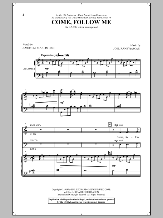 Joel Raney Come, Follow Me sheet music notes and chords. Download Printable PDF.