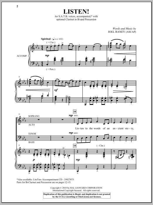 Learn to play Joel Raney Listen! sheet music for SATB Choir in minutes. Price: 3.9900$ Joel Raney Listen! sheet music notes and chords arranged for SATB Choir