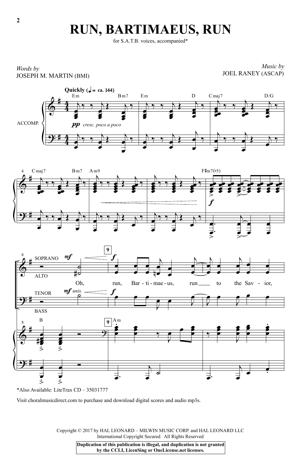 Learn to play Joel Raney Run Bartimaeus, Run sheet music for SATB Choir in minutes. Price: 3.9900$ Joel Raney Run Bartimaeus, Run sheet music notes and chords arranged for SATB Choir
