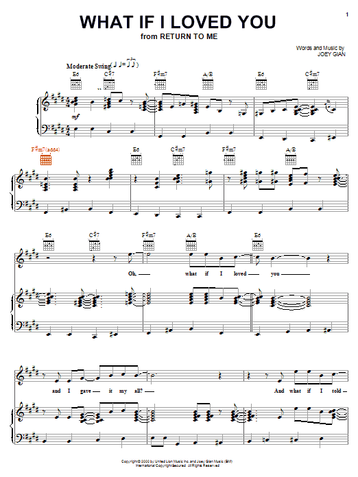 Learn to play Joey Gian What If I Loved You (from Return To Me) sheet music for Piano, Vocal & Guitar Chords (Right-Hand Melody) in minutes. Price: 7.8900$ Joey Gian What If I Loved You (from Return To Me) sheet music notes and chords arranged for Piano, Vocal & Guitar Chords (Right-Hand Melody)