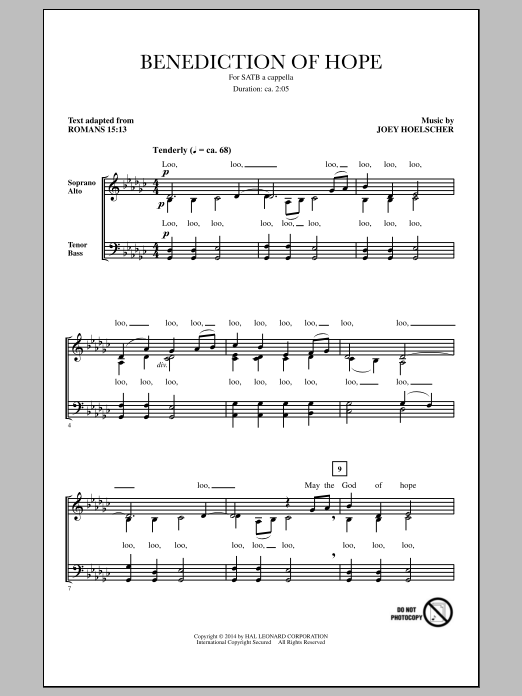 Learn to play Joey Hoelscher Benediction Of Hope sheet music for SATB Choir in minutes. Price: 3.9900$ Joey Hoelscher Benediction Of Hope sheet music notes and chords arranged for SATB Choir