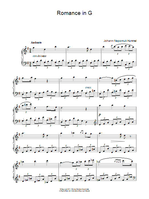 Johann Nepomuk Hummel Romance In G Op.52 No.4 sheet music notes and chords arranged for Piano Solo