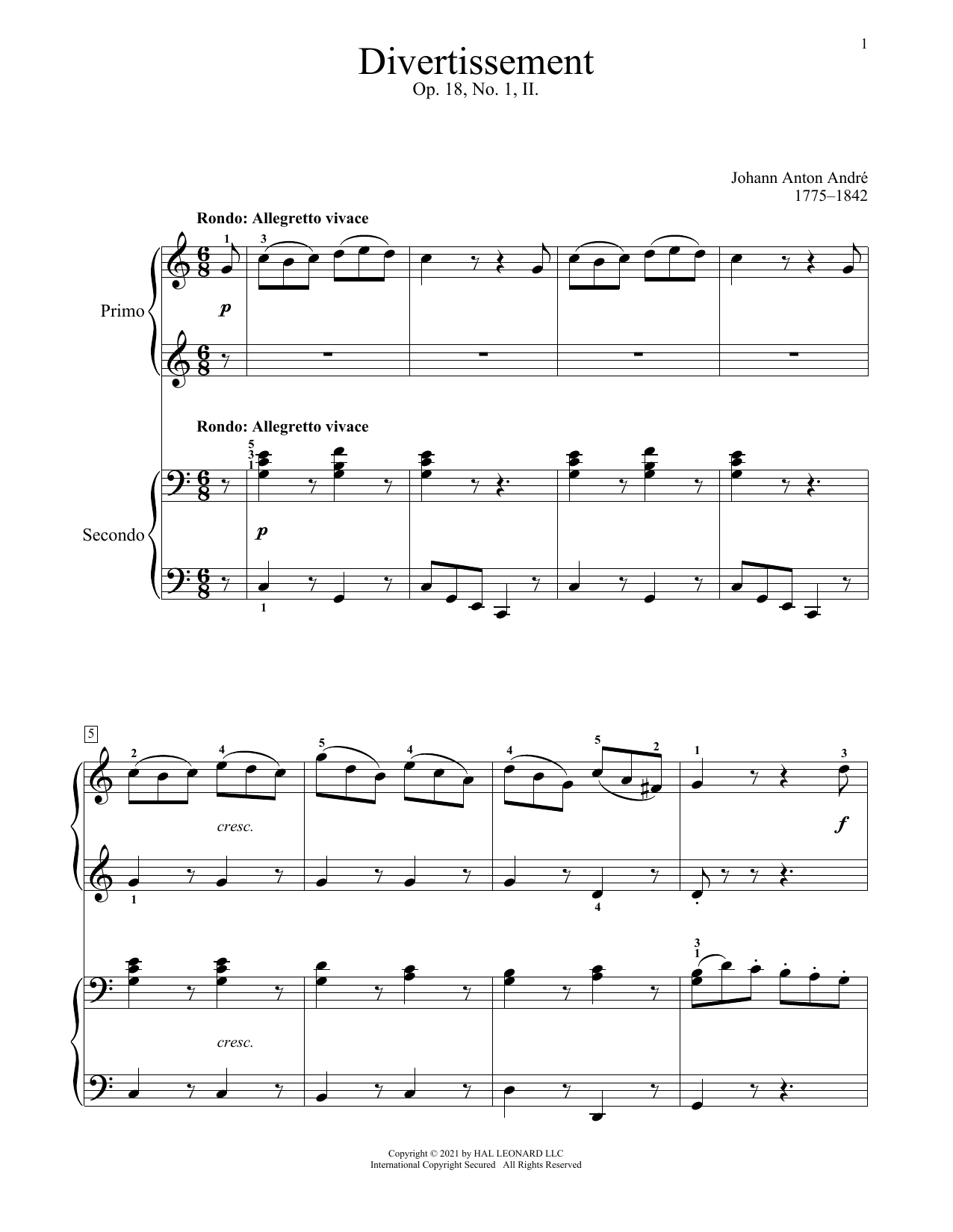 Learn to play Johann Anton Andre Divertissement, Op. 18, No. 1 (II. Rondo) sheet music for Piano Duet in minutes. Price: 7.8900$ Johann Anton Andre Divertissement, Op. 18, No. 1 (II. Rondo) sheet music notes and chords arranged for Piano Duet