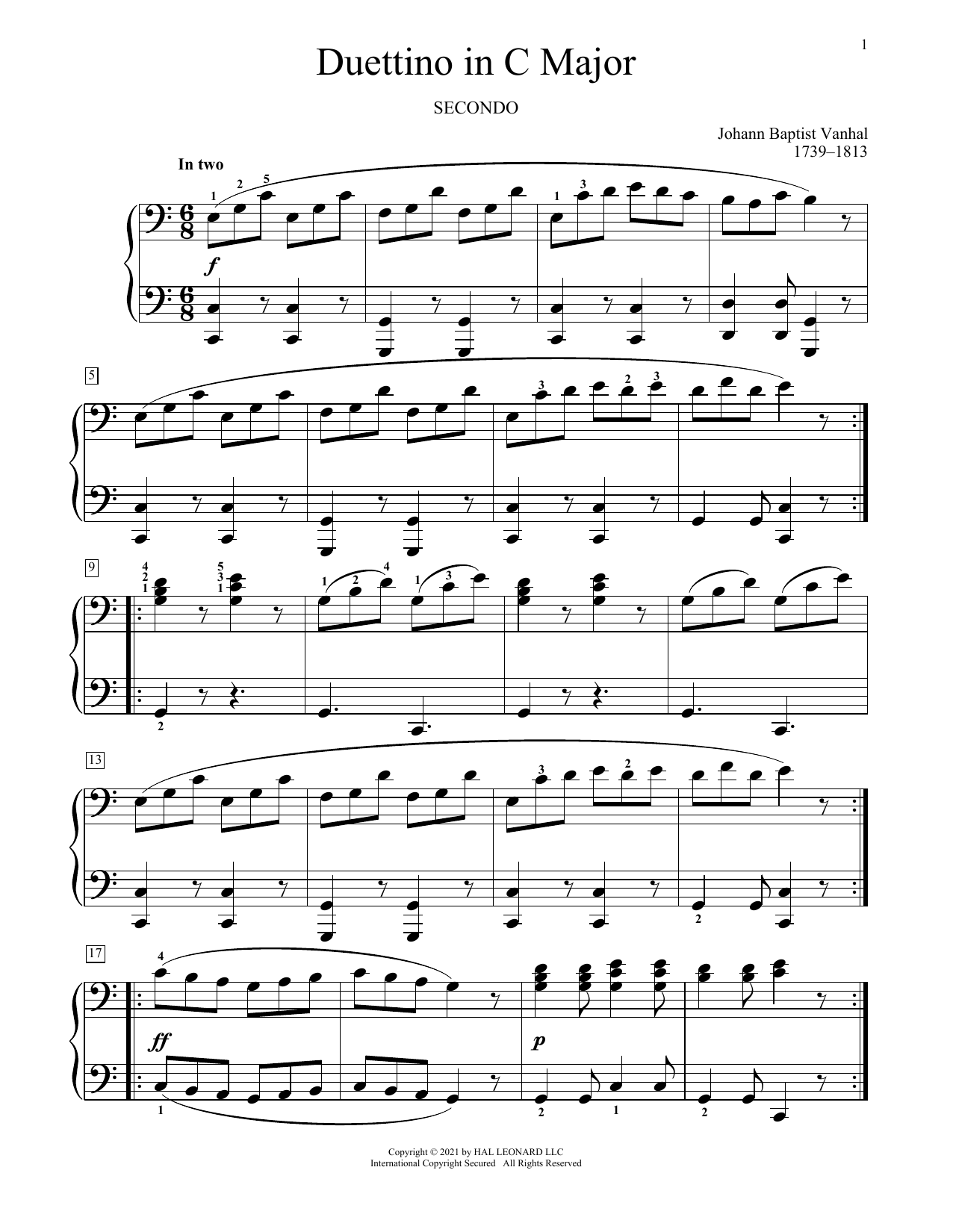 Learn to play Johann Baptist Vanhal Duettino In C Major sheet music for Piano Duet in minutes. Price: 7.8900$ Johann Baptist Vanhal Duettino In C Major sheet music notes and chords arranged for Piano Duet