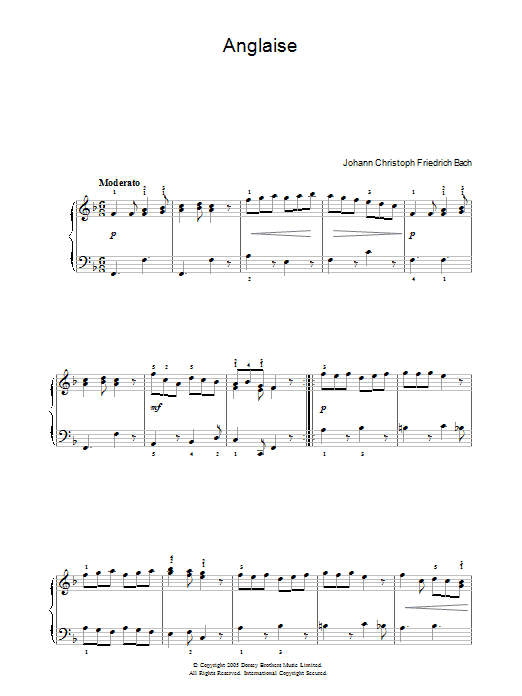 Learn to play Johann Christoph Friedrich Bach Anglaise sheet music for Piano Solo in minutes. Price: 7.8900$ Johann Christoph Friedrich Bach Anglaise sheet music notes and chords arranged for Piano Solo