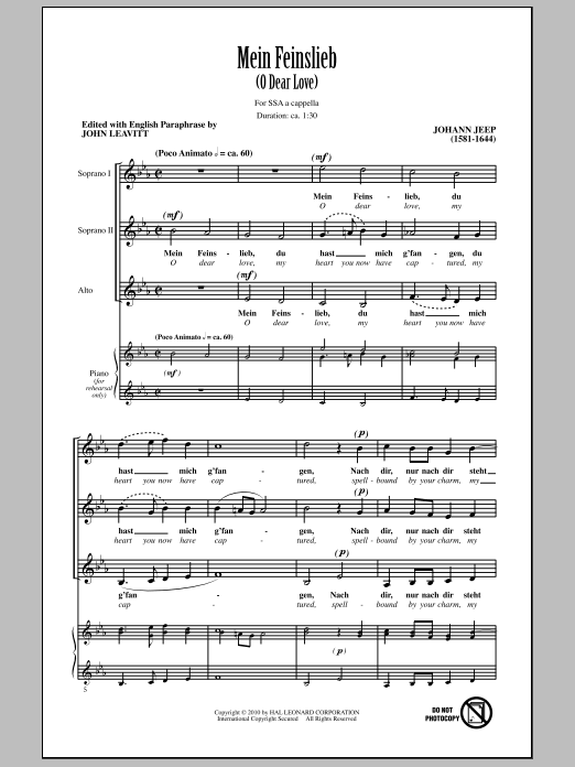 Learn to play Johann Jeep O Dear Love (Mein Feinslieb) sheet music for SSA Choir in minutes. Price: 3.9900$ Johann Jeep O Dear Love (Mein Feinslieb) sheet music notes and chords arranged for SSA Choir