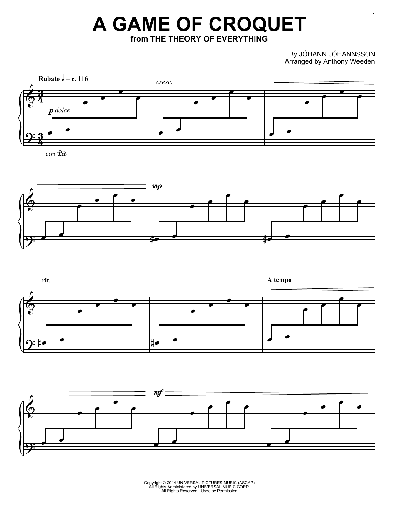 Learn to play Johann Johannsson A Game Of Croquet (from 'The Theory of Everything') sheet music for Piano Solo in minutes. Price: 7.8900$ Johann Johannsson A Game Of Croquet (from 'The Theory of Everything') sheet music notes and chords arranged for Piano Solo