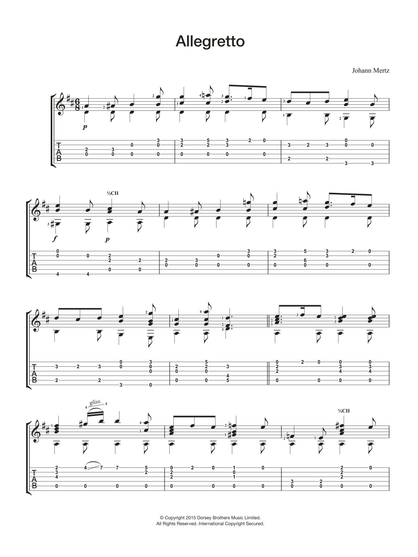 Johann Kaspar Mertz Allegretto sheet music notes and chords. Download Printable PDF.