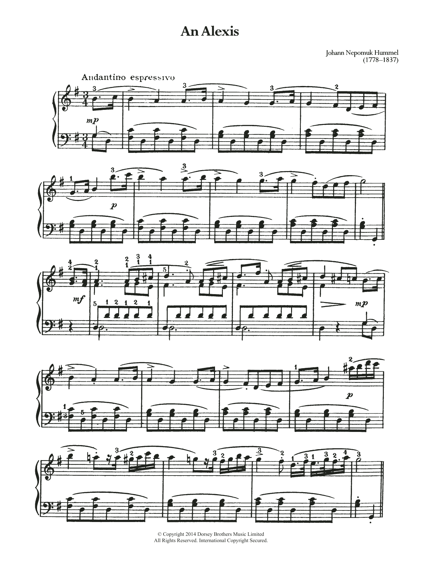 Learn to play Johann Nepomuk Hummel An Alexis sheet music for Piano Solo in minutes. Price: 7.8900$ Johann Nepomuk Hummel An Alexis sheet music notes and chords arranged for Piano Solo