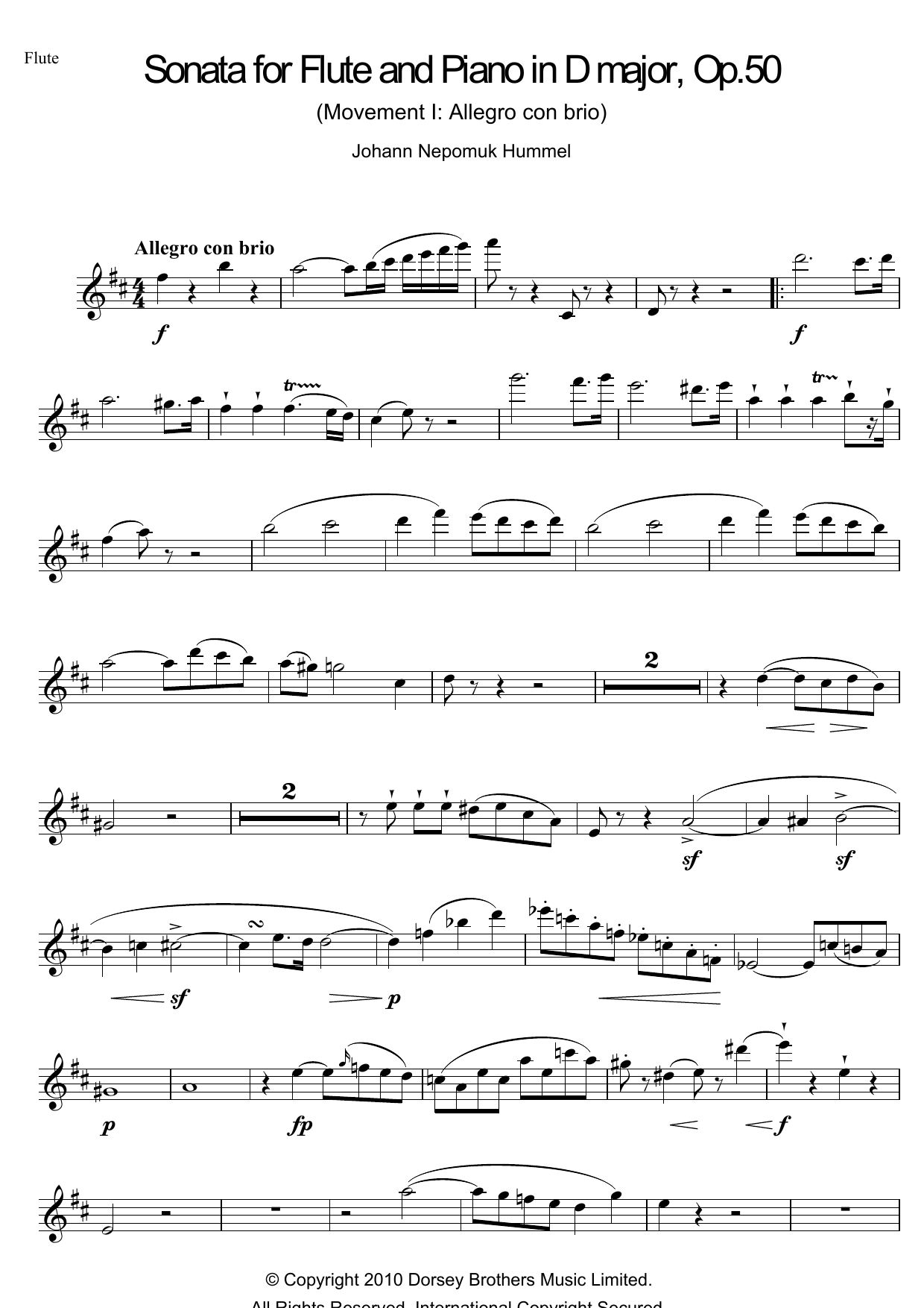 Johann Nepomuk Hummel Sonata For Flute And Piano In D Major, Op.50 sheet music notes and chords. Download Printable PDF.